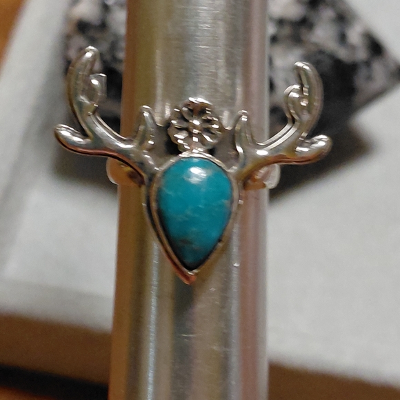 Silver Antler Deer Turquoise Ring Size 7.25 - Picture 12 of 13